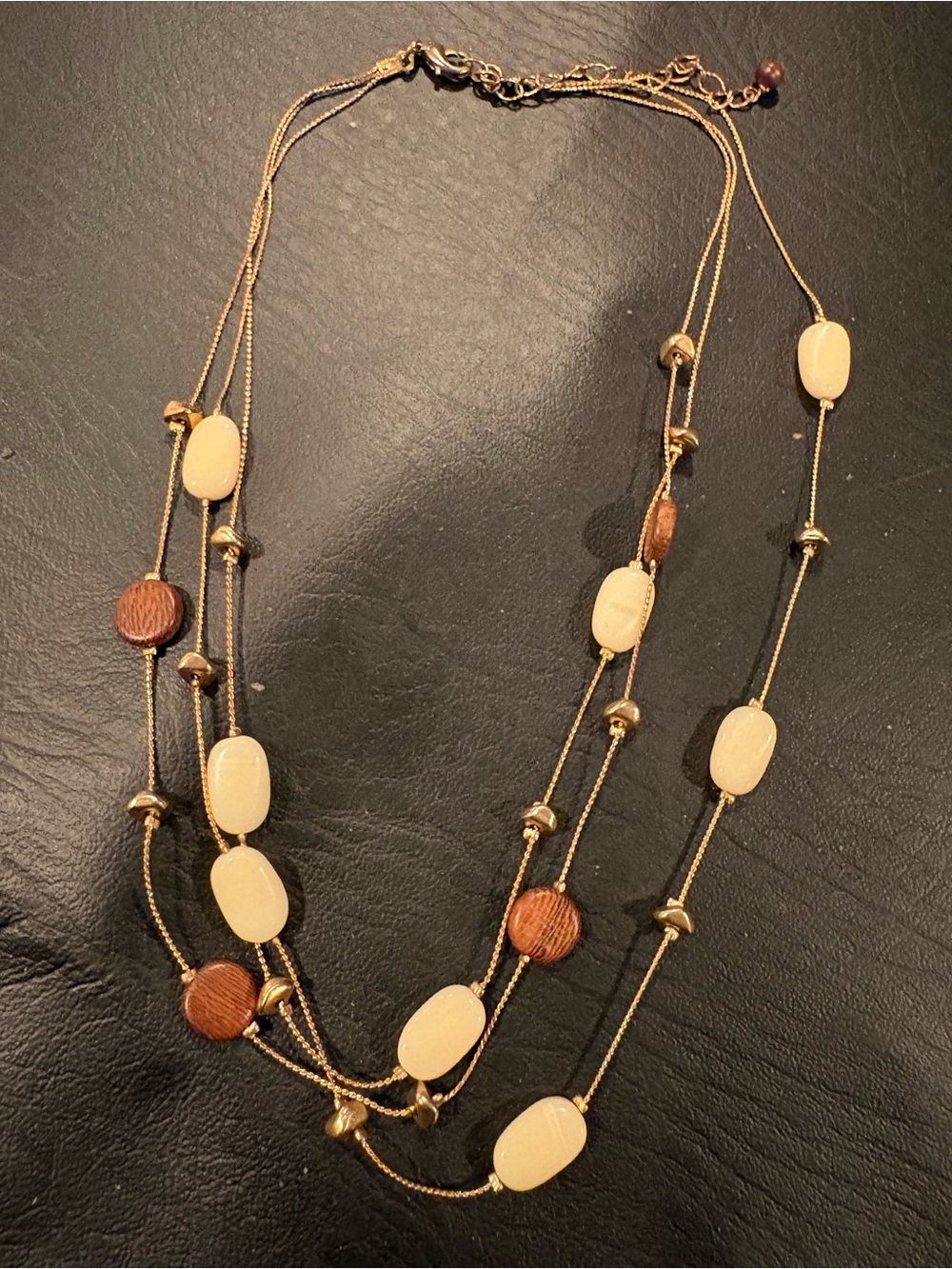 Layered Gold-Tone Necklace with Cream and Brown Beads